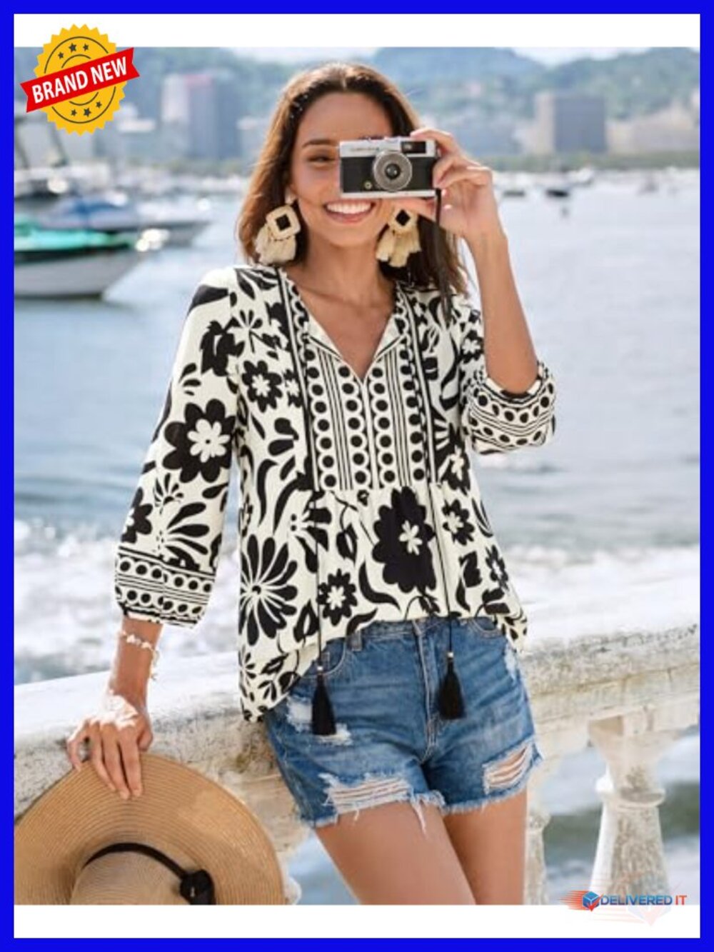 Boho Floral Babydoll Tunic Blouse 3/4 Lantern Sleeve Peplum Tie Front - Picture 5 of 6